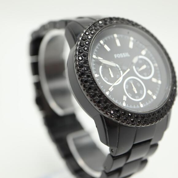 Fossil Black Acrylic 42mm Unisex Chronograph Watch Gem Set CH2672 w New Battery - Picture 10 of 14
